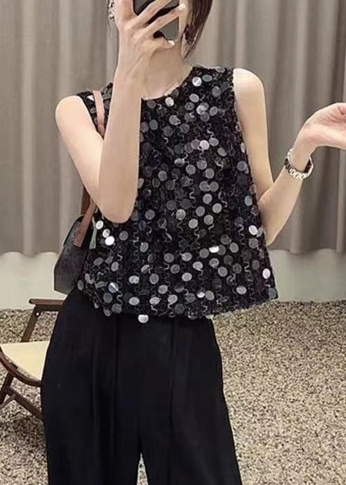 French Black O Neck Sequins Patchwork Tank Sleeveless