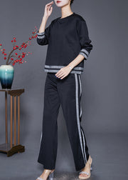 French Black O-Neck Striped Cotton Two Pieces Set Fall