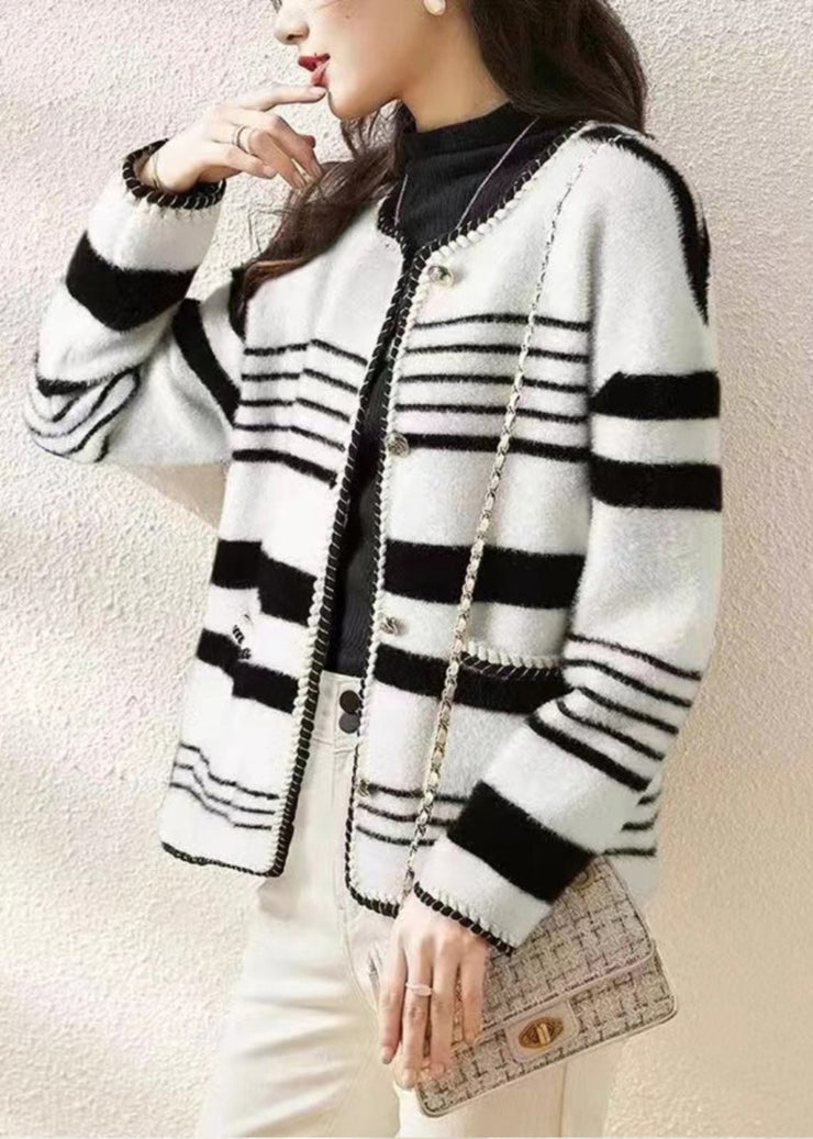 French Black O Neck Striped Women Mink Hair Knitted Coat Fall