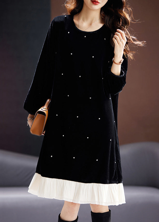 French Black O Neck Zircon Patchwork Velvet Dresses Long Sleeve