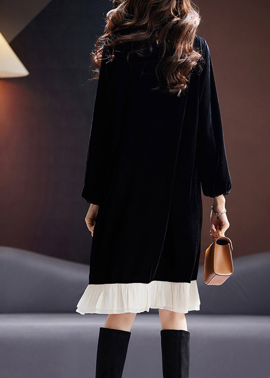 French Black O Neck Zircon Patchwork Velvet Dresses Long Sleeve