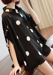 French Black Oversized Dot Print Chiffon Tops Batwing Sleeve