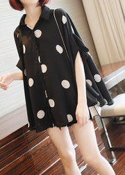 French Black Oversized Dot Print Chiffon Tops Batwing Sleeve