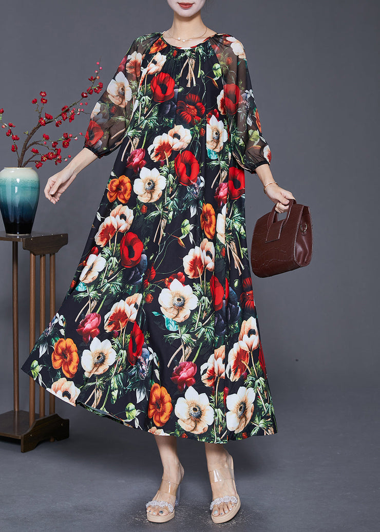 French Black Oversized Floral Print Draping Chiffon Dresses Summer