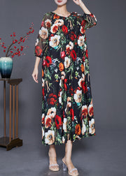 French Black Oversized Floral Print Draping Chiffon Dresses Summer