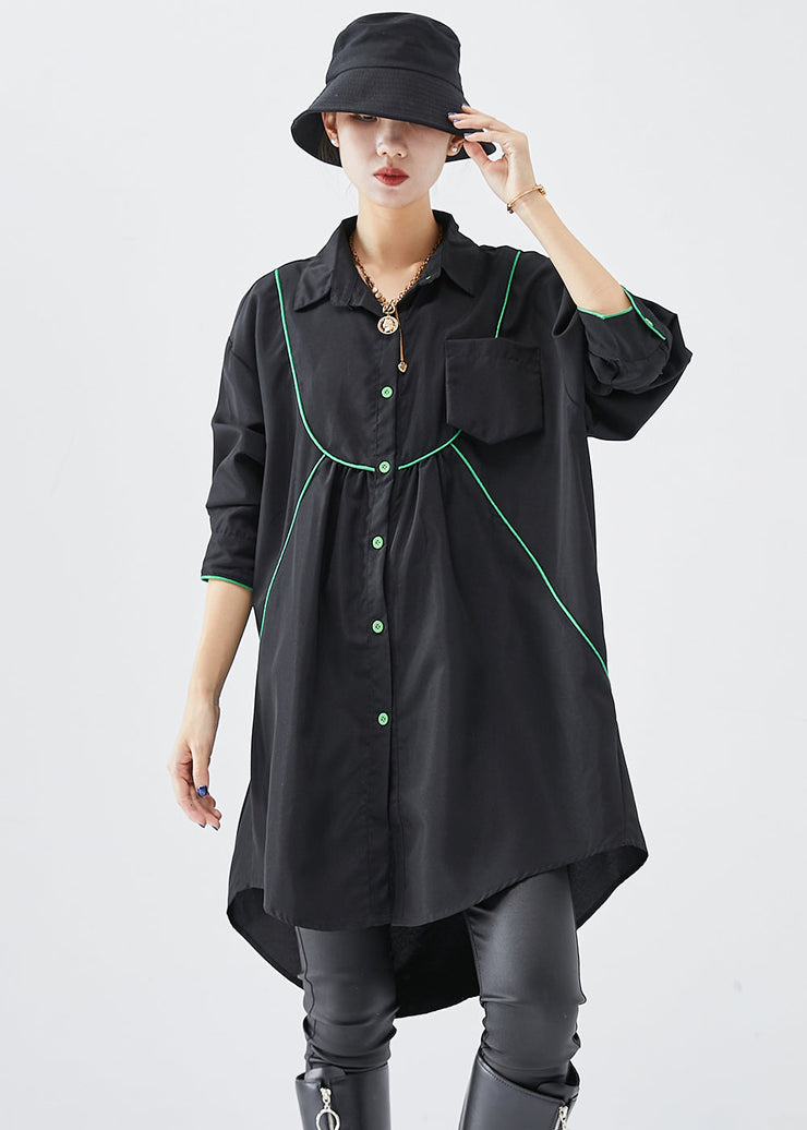 French Black Oversized Low High Design Cotton Shirt Dress Fall