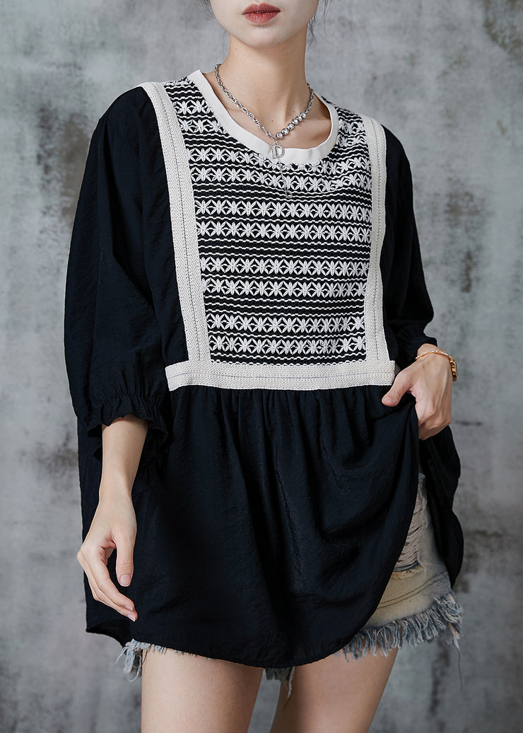 French Black Oversized Patchwork Cotton Sweatshirts Top Summer