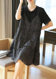 French Black Oversized Patchwork Print Cotton Fake Two Piece Mid Dresses Summer