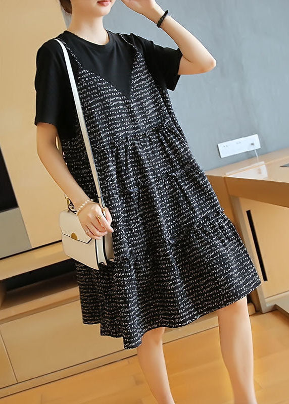 French Black Oversized Patchwork Print Cotton Fake Two Piece Mid Dresses Summer