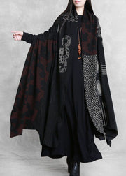 French Black Oversized Patchwork Print Cotton Loose Cardigan Batwing Sleeve