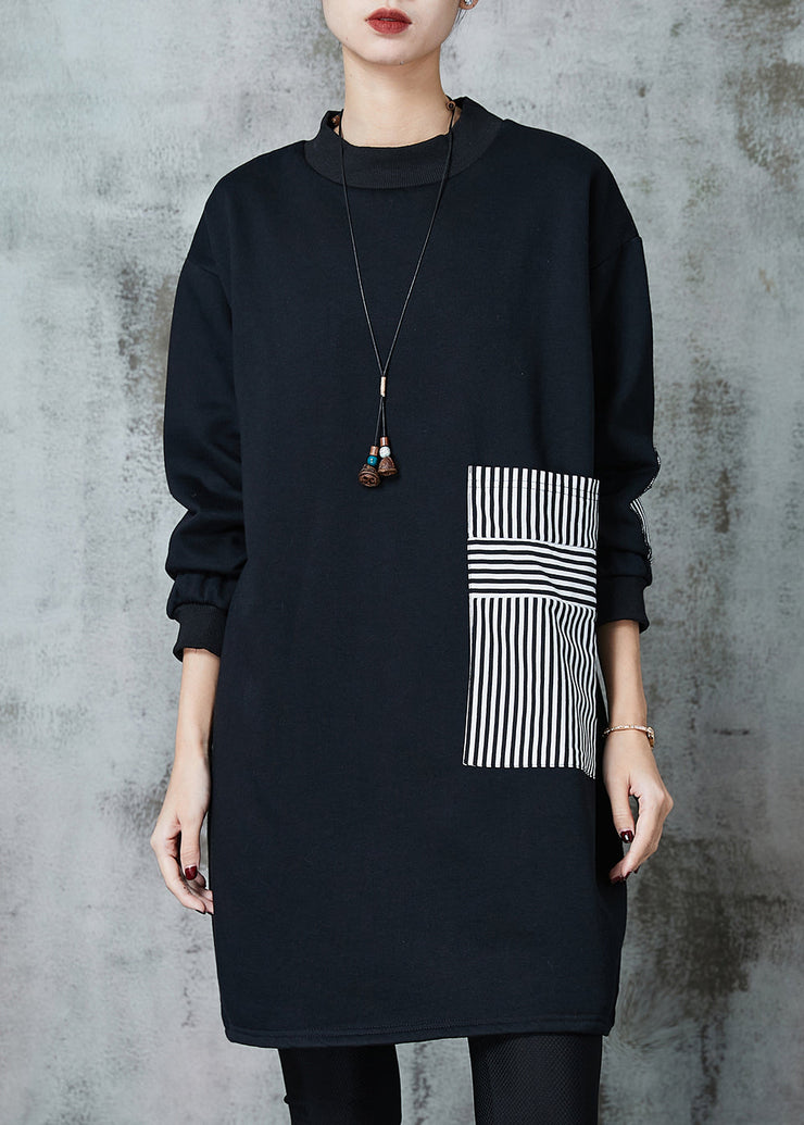 French Black Oversized Patchwork Striped Cotton Sweatshirt Dress Spring