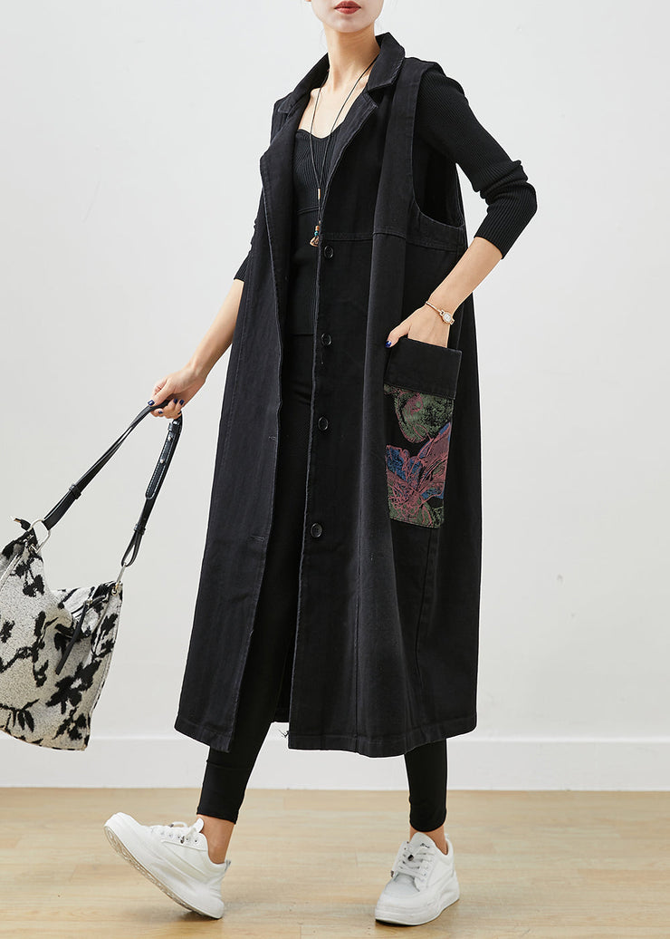 French Black Oversized Pockets Print Denim Long Vests Fall