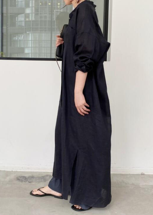 French Black Oversized Side Open Linen Shirt Dresses Spring