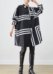 French Black Oversized Striped Cotton Long Shirt Fall