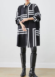 French Black Oversized Striped Cotton Long Shirt Fall