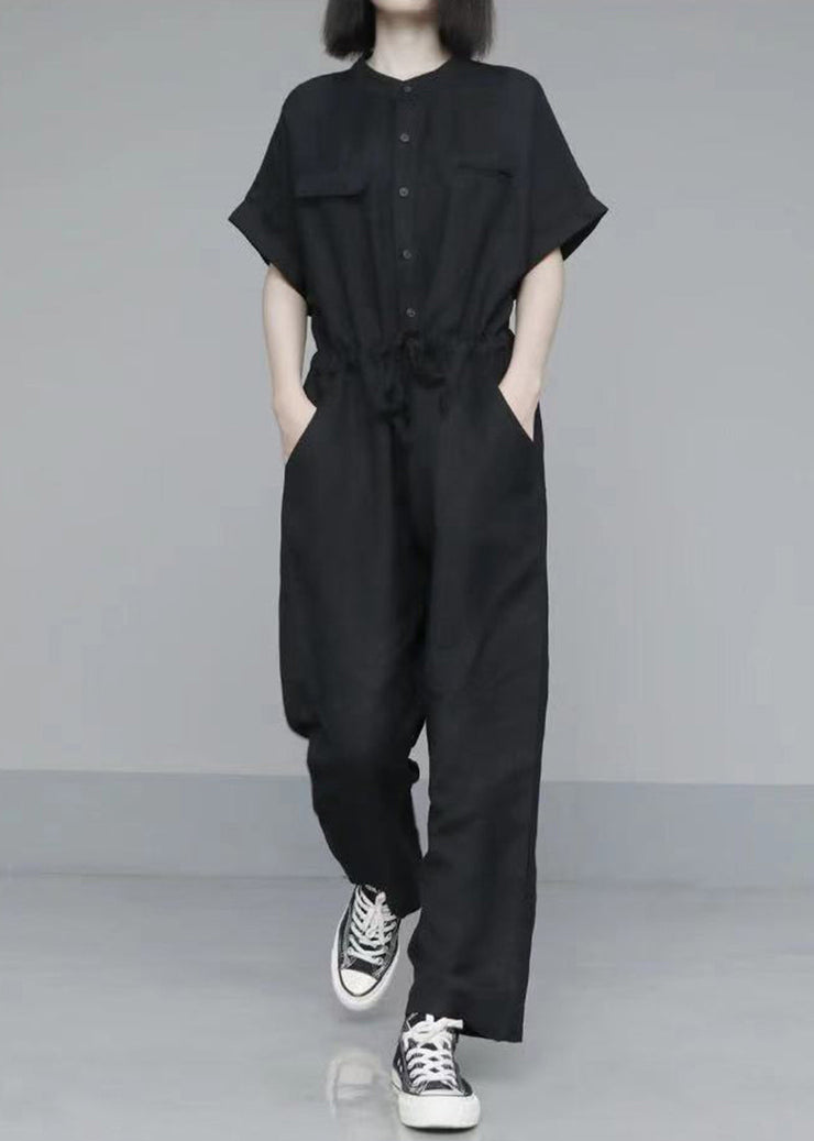 French Black Oversized Tie Waist Cotton Overalls Jumpsuit Summer