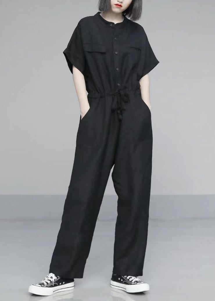 French Black Oversized Tie Waist Cotton Overalls Jumpsuit Summer