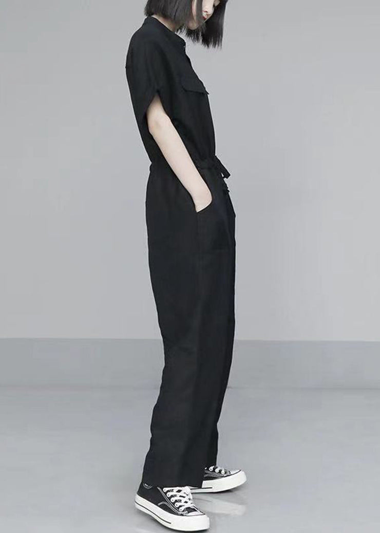 French Black Oversized Tie Waist Cotton Overalls Jumpsuit Summer