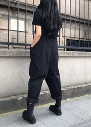 French Black Patchwork Button Solid Jumpsuit Summer