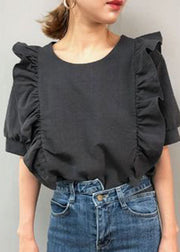 French Black Patchwork Ruffles Cotton Blouse Top Lantern Sleeve