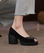 French Black Peep Toe Genuine Leather Platform Heels