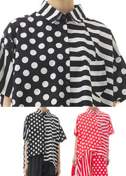 French Black Peter Pan Collar Dot Striped Patchwork Cotton Shirt Summer