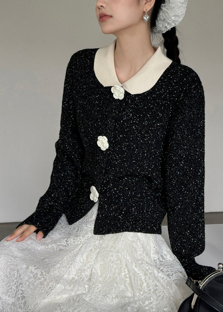 French Black Peter Pan Collar Floral Button Knit Cardigan Fall