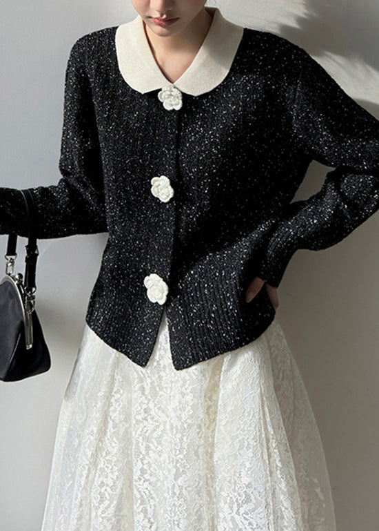 French Black Peter Pan Collar Floral Button Knit Cardigan Fall