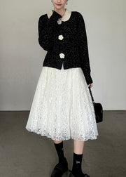 French Black Peter Pan Collar Floral Button Knit Cardigan Fall