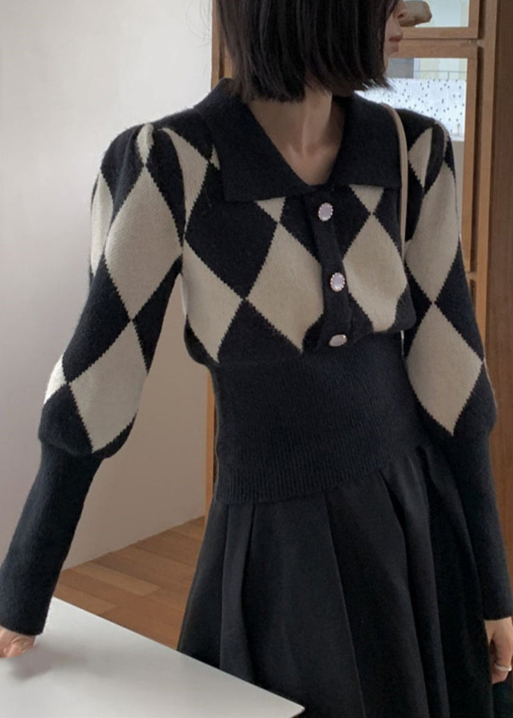 French Black Peter Pan Collar Plaid Knit Sweaters Fall