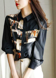 French Black Peter Pan Collar Print Chiffon Shirt Tops Spring