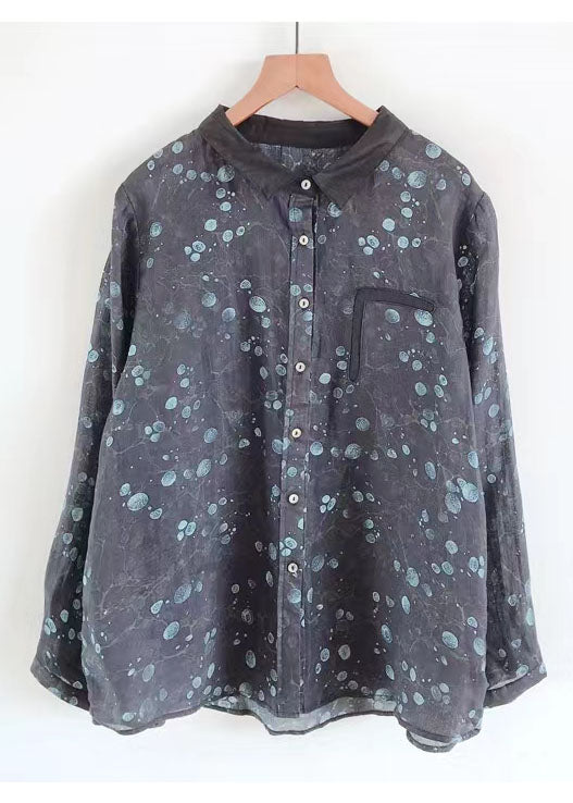 French Black Peter Pan Collar Print Linen Top Spring