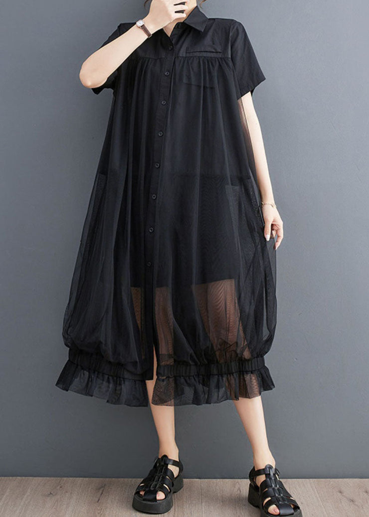 French Black Peter Pan Collar Wrinkled Patchwork Tulle Shirts Dress Summer