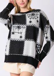 French Black Plaid Cozy Patchwork Knit Sweater Fall