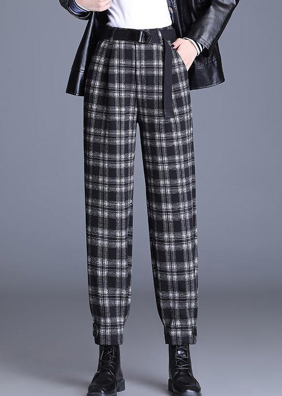 French Black Plaid Pockets High Waist Woolen Crop Pants Spring