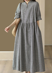 French Black Plaid Stand Collar Linen Long Dress Short Sleeve