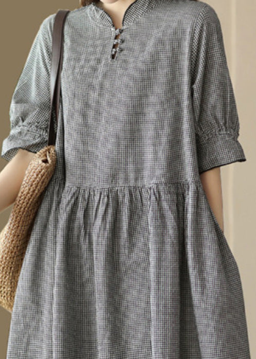 French Black Plaid Stand Collar Linen Long Dress Short Sleeve