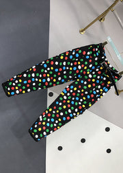 French Black Pockets Multi Dot Print Patchwork Denim Pants Fall