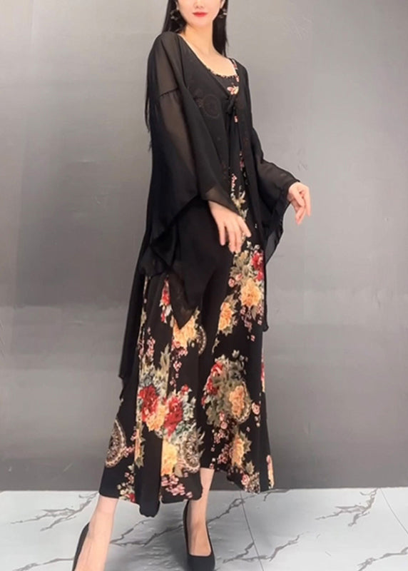 French Black Print Cardigans And Maxi Dress Two Pieces Set Fall