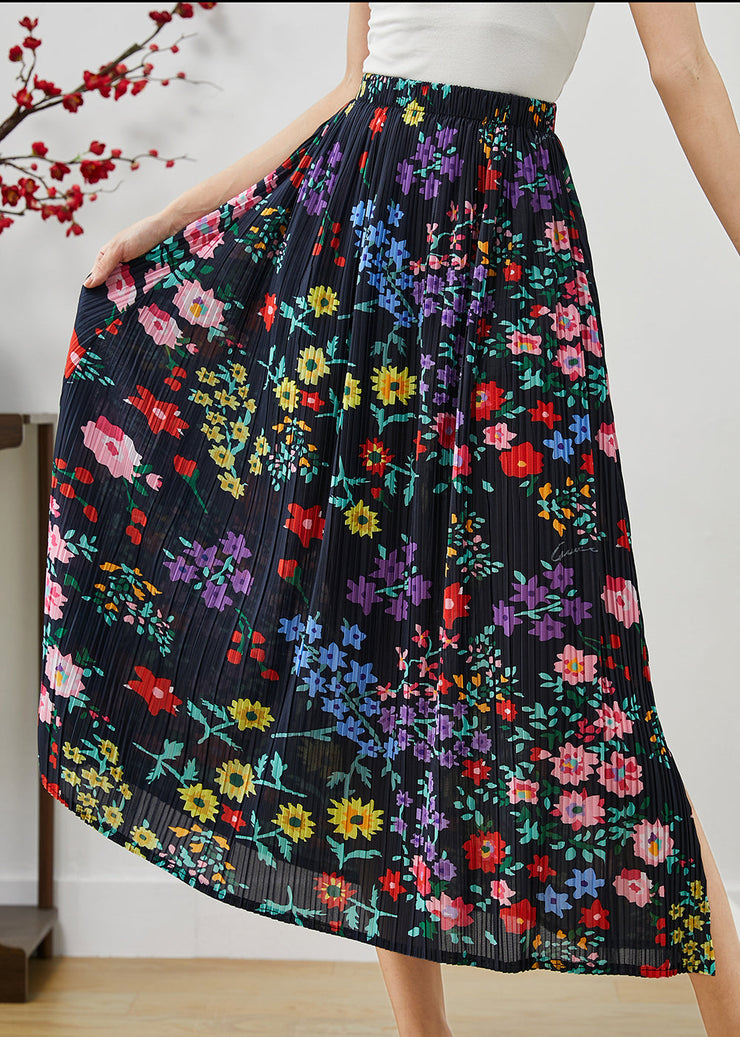 French Black Print Side Open Cotton Vacation Skirts Summer