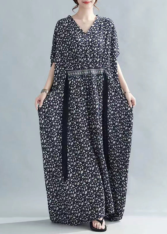 French Black Print Tie Waist Cotton Long Dress Batwing Sleeve