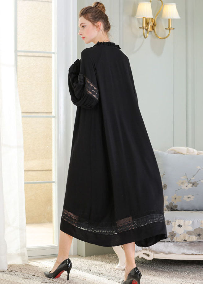 French Black Ruffled Lace Patchwork Cotton Maxi Dress Spring