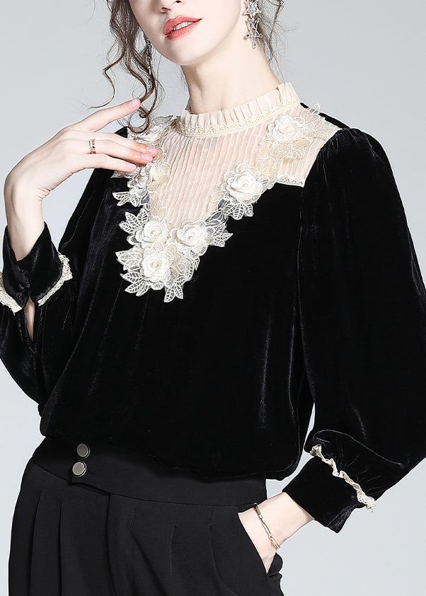 French Black Ruffled Lace Patchwork Silk Velour Top Winter