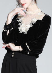 French Black Ruffled Lace Patchwork Silk Velour Top Winter