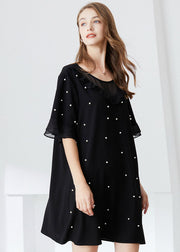 French Black Ruffled Nail Bead Chiffon Dresses Butterfly Sleeve