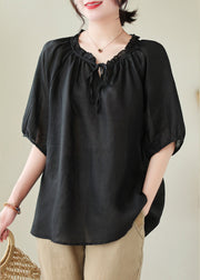 French Black Ruffled Oversized Linen Blouse Tops Summer