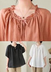 French Black Ruffled Oversized Linen Blouse Tops Summer