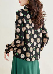 French Black Ruffled Patchwork Print Chiffon Shirts Tops Spring