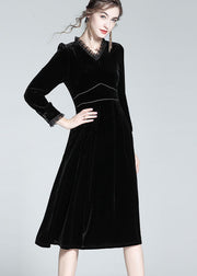 French Black Ruffled Patchwork Zircon Silk Velour Dress Spring