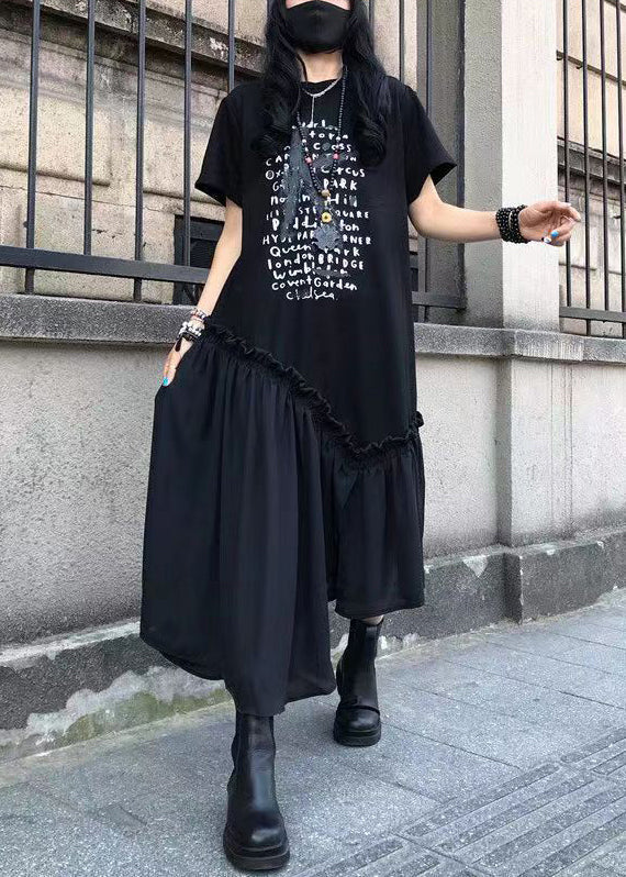 French Black Ruffled Print Patchwork Cotton Long Dresses Summer